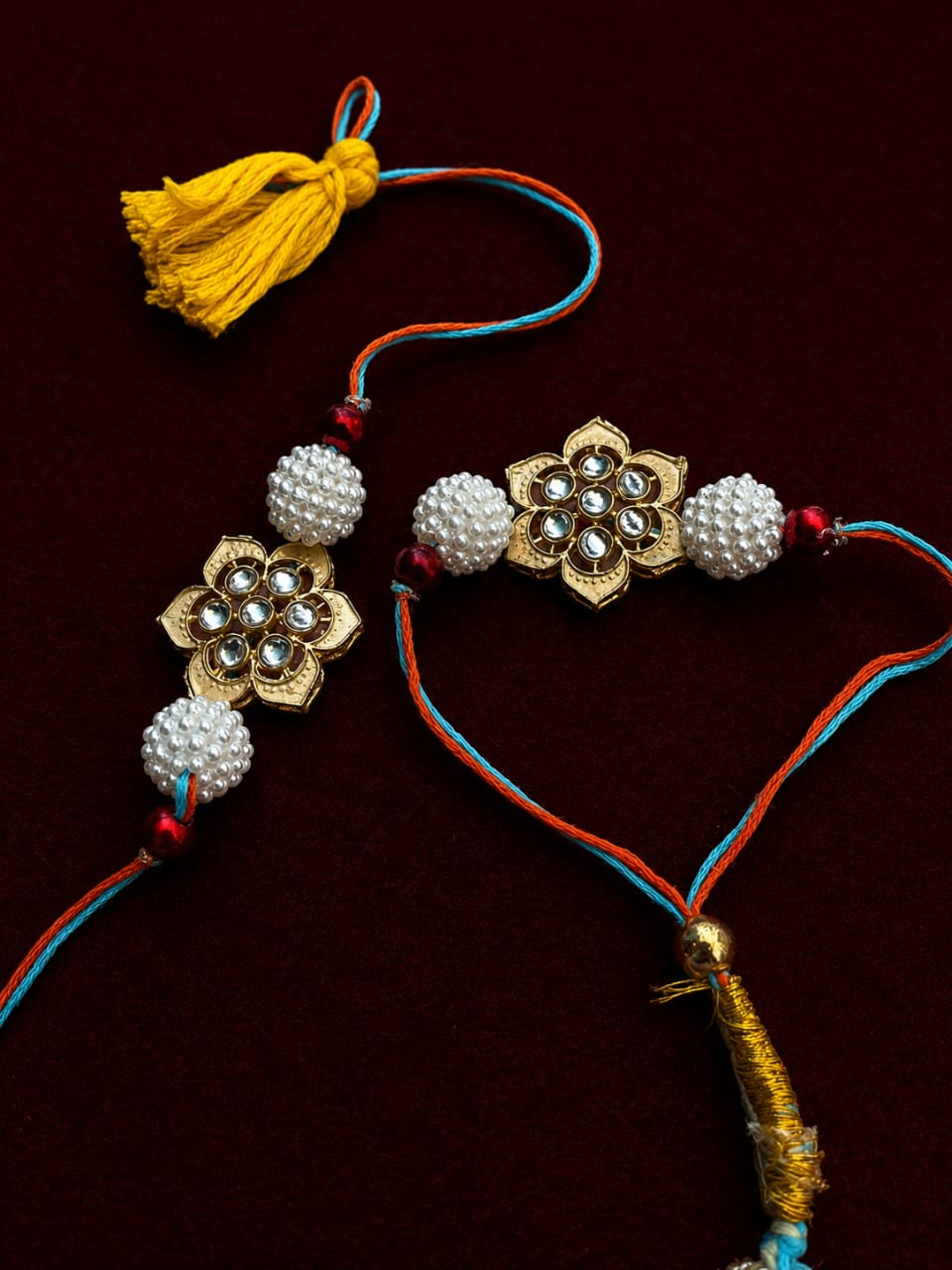 Kundan Floral Pearl Bhai Bhabhi Rakhi Set