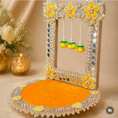 Royal Yellow Floral Mirror Work Laddu Gopal Singhasan