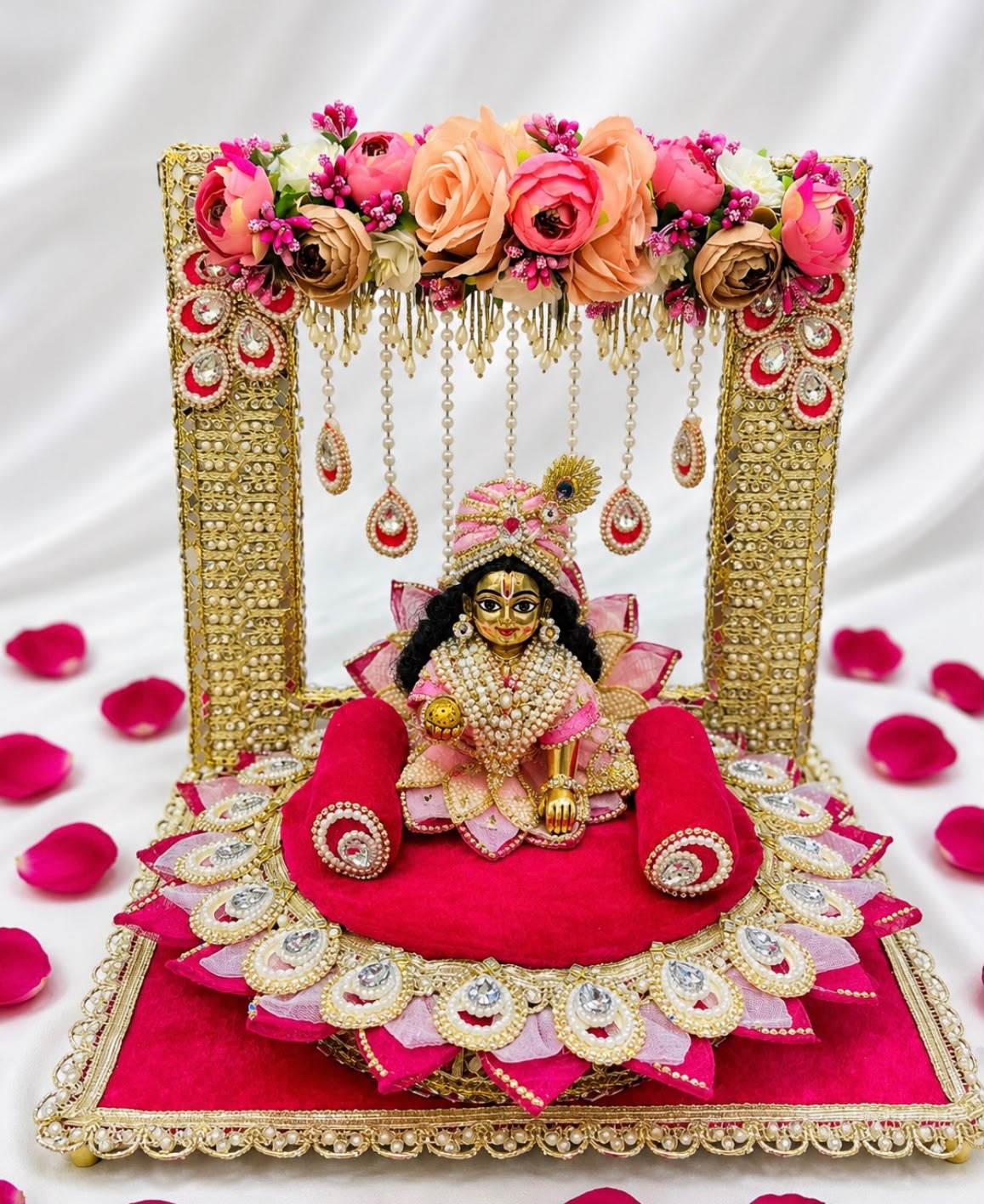 Royal Pink Floral singhasan Laddu Gopal 2 in 1