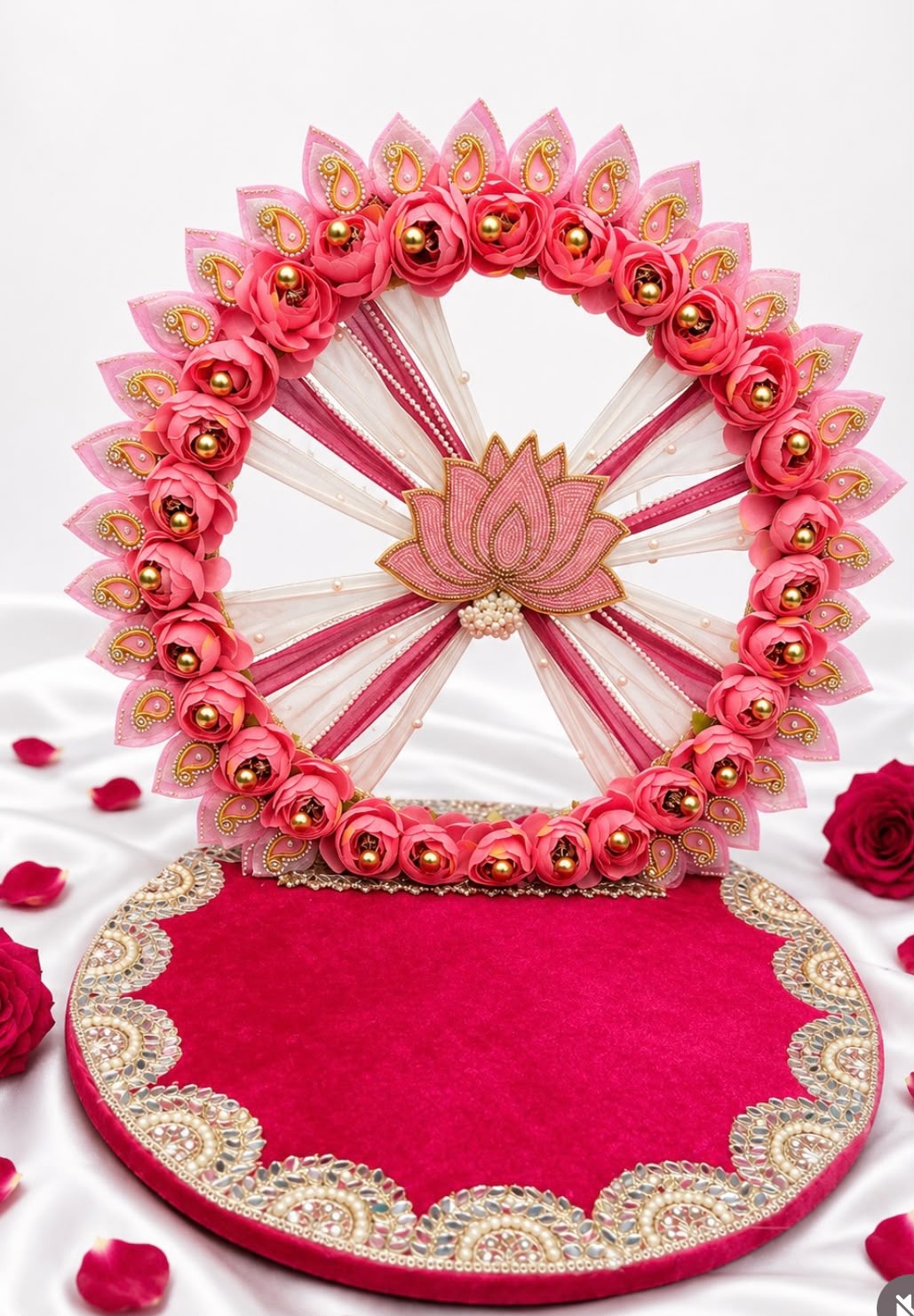 Premium Pink Lotus Floral Laddu Gopal Singhasan with Pearl & Embellished Work
