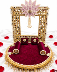Luxury Royal Maroon Velvet Laddu Gopal Singhasan with Pearl & Floral Embellishment