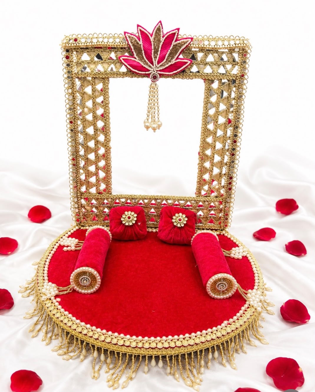 Luxury Royal Maroon Velvet Laddu Gopal Singhasan with Pearl & Floral Embellishment