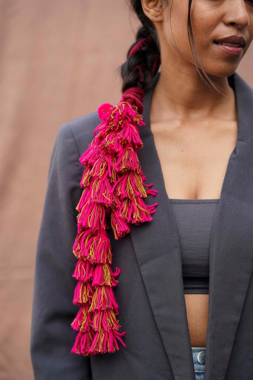 Premium Hot Pink & Golden Thread Tassel Braid Hair Paranda