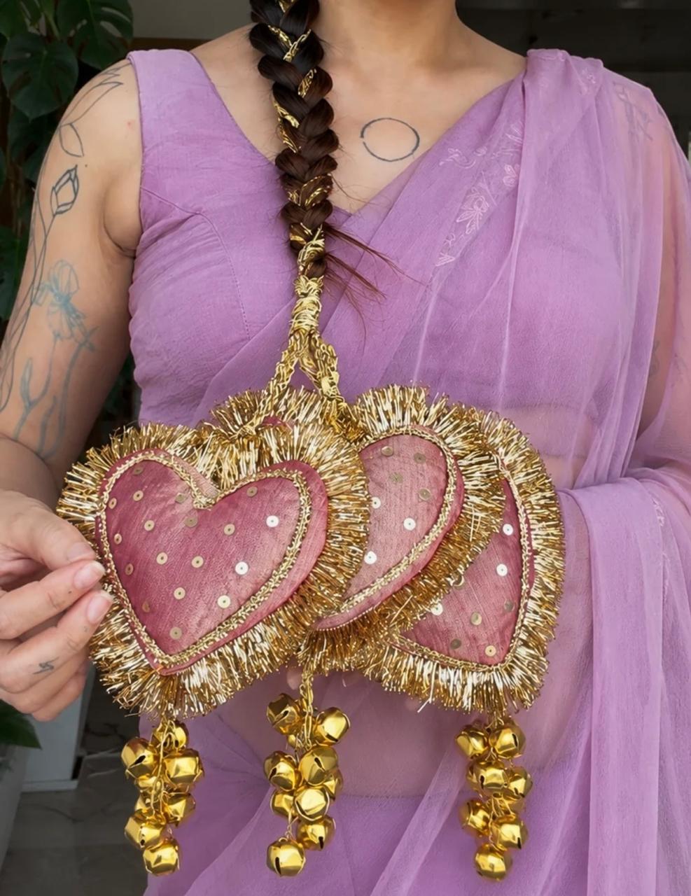 Royal Pink Heart-Shaped Bridal Hair Paranda with Golden Gota & Latkan