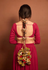 Royal Pink Heart-Shaped Bridal Hair Paranda with Golden Gota & Latkan
