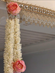 Elegant Pink Rose Pearl Door Toran – Designer Floral Bandanwar with Crystal Hangings