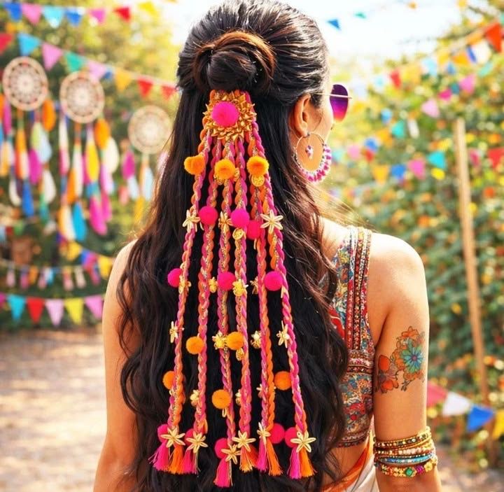 Multicolor Handmade Hair Parandi with Pom-Poms, Tassels & Floral Charms – Traditional Braid Accessory
