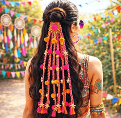 Multicolor Handmade Hair Parandi with Pom-Poms, Tassels & Floral Charms – Traditional Braid Accessory