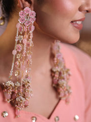 Pink Floral Pearl Long Earrings – Handcrafted Bridal Statement Earrings