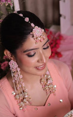 Pink Floral Pearl Long Earrings – Handcrafted Bridal Statement Earrings