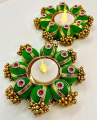 Elegant Handcrafted Green Beaded Tealight Candle Holders – Set of 2