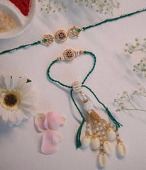 Traditional Bhai Bhabhi Rakhi Set with Pearl Tassels