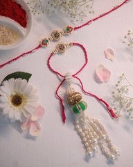 Elegant Bhai Bhabhi Rakhi Set with Pearl Latkan