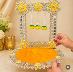Royal Yellow Floral Mirror Work Laddu Gopal Singhasan