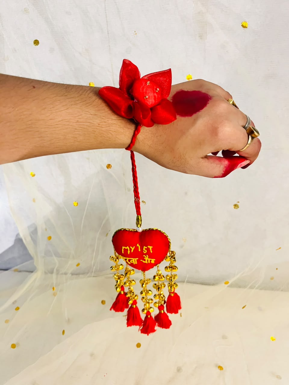 Red Heart My 1st Karwachoth Kalira with Golden Bells & Tassels
