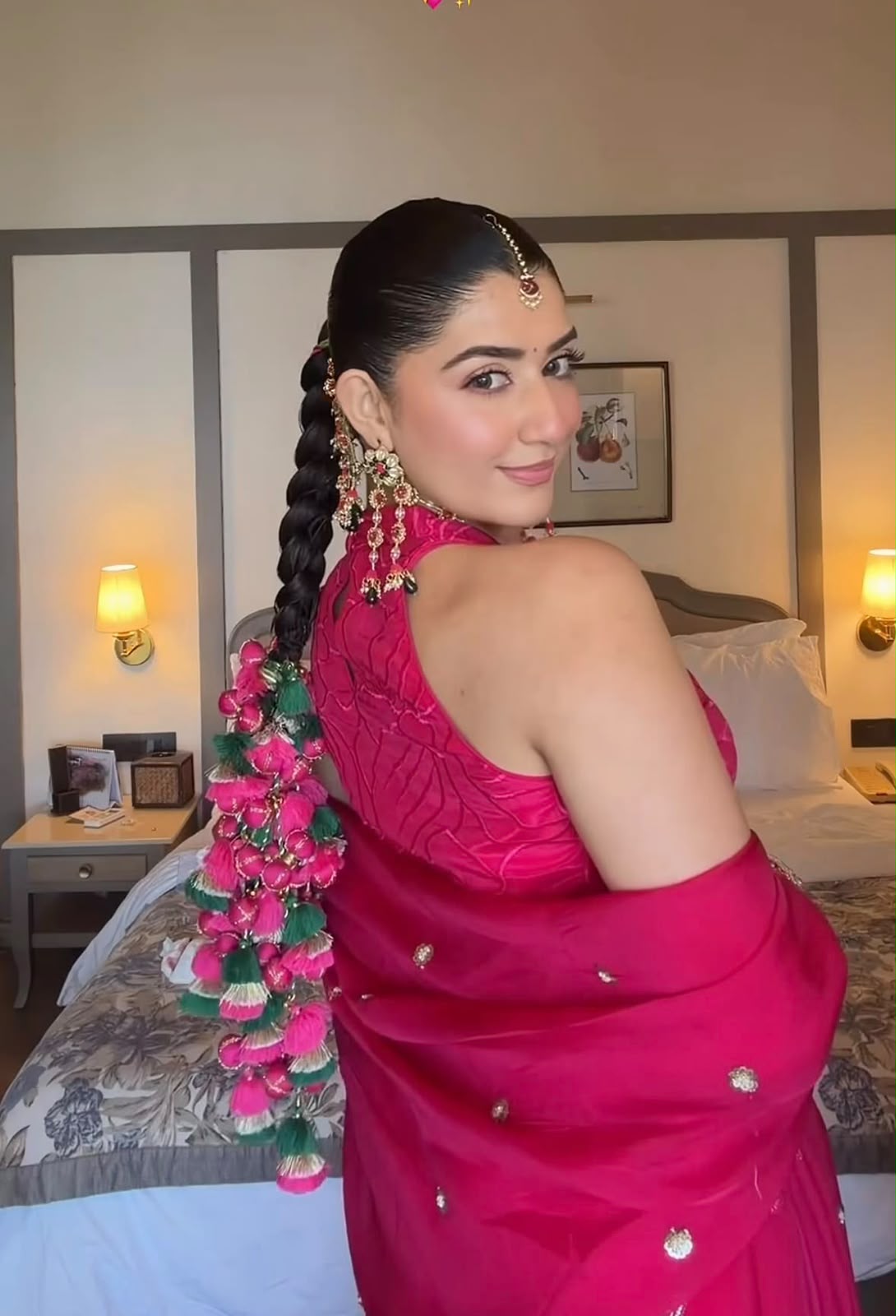 Traditional Pink & Green Designer Hair Parandi with Golden Tassels