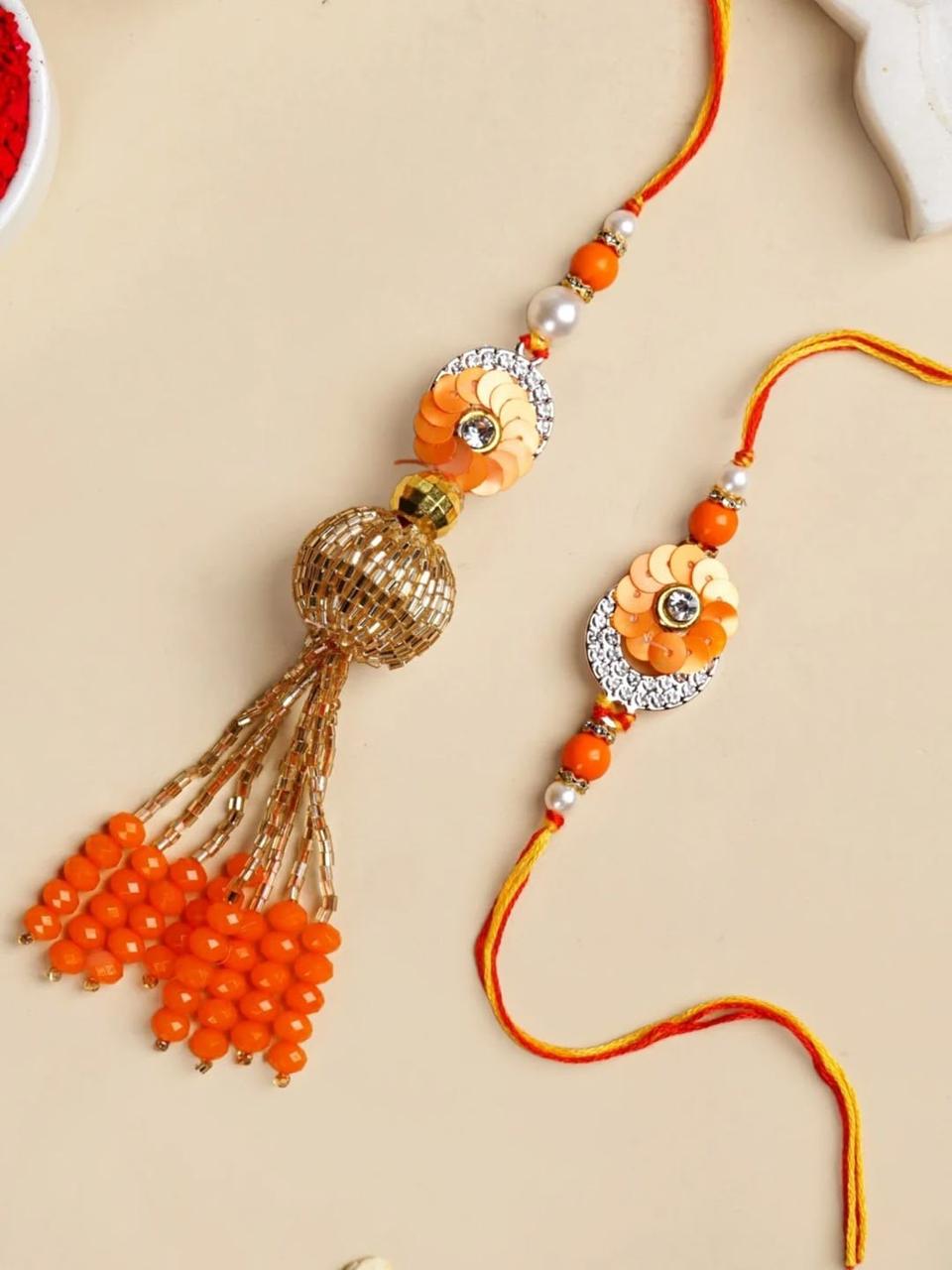 Tangerine Sparkle Bhai Bhabhi Rakhi Set