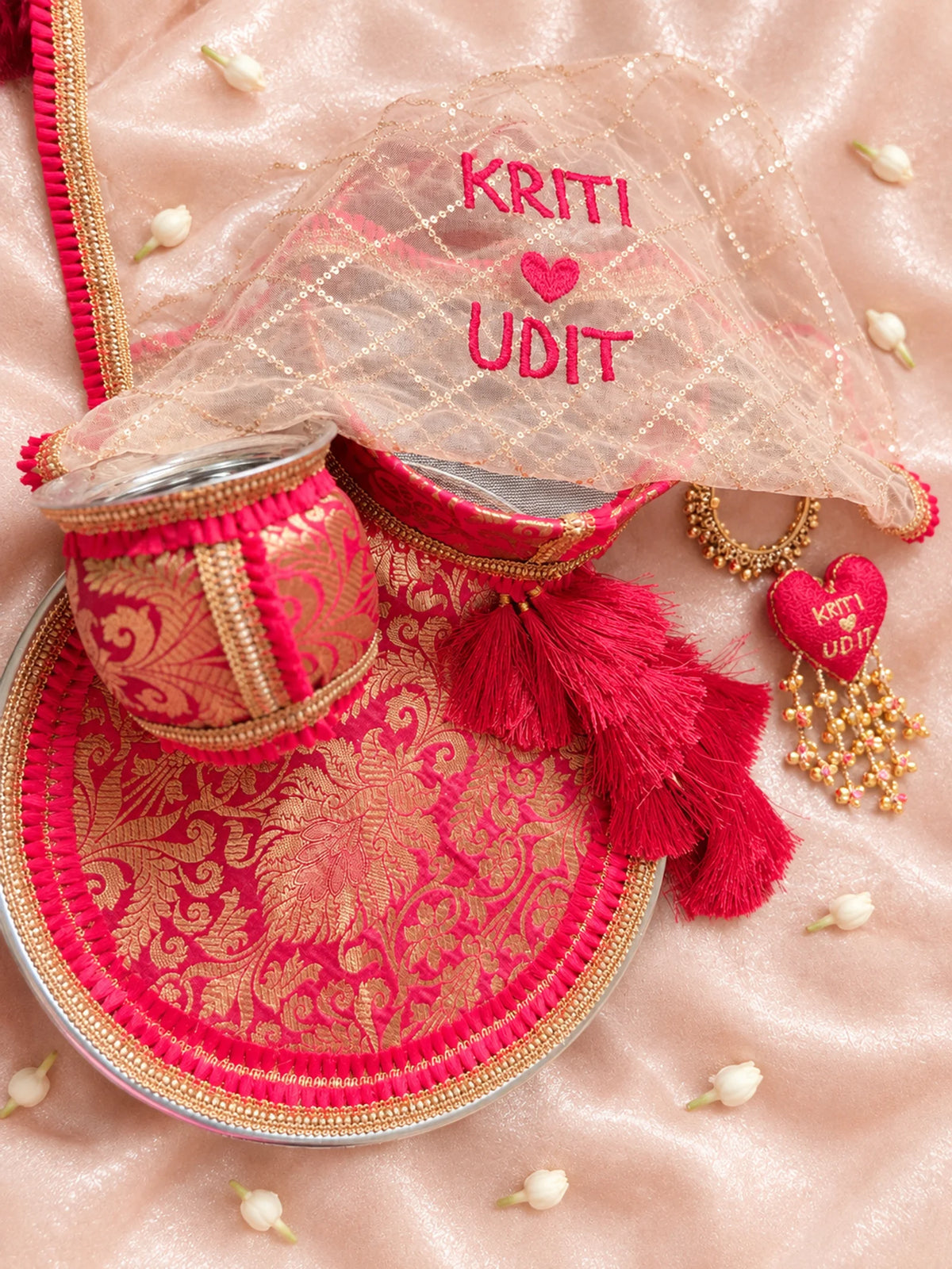 Elegant Pink Karwa Chauth Pooja Thali Set ❤️✨ Name Customisation
